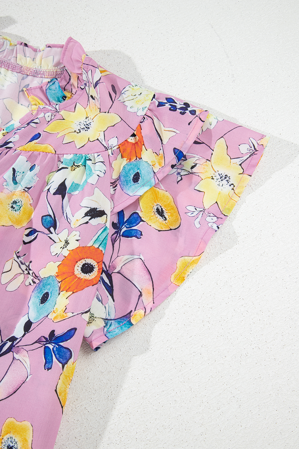Women's Pink Floral V Neck Top with Flutter Sleeves - Elegant Spring/Summer Style - Detail View 9 Women's Pink Floral V Neck Top with Flutter Sleeves - Elegant Spring/Summer Style - Detail View 9