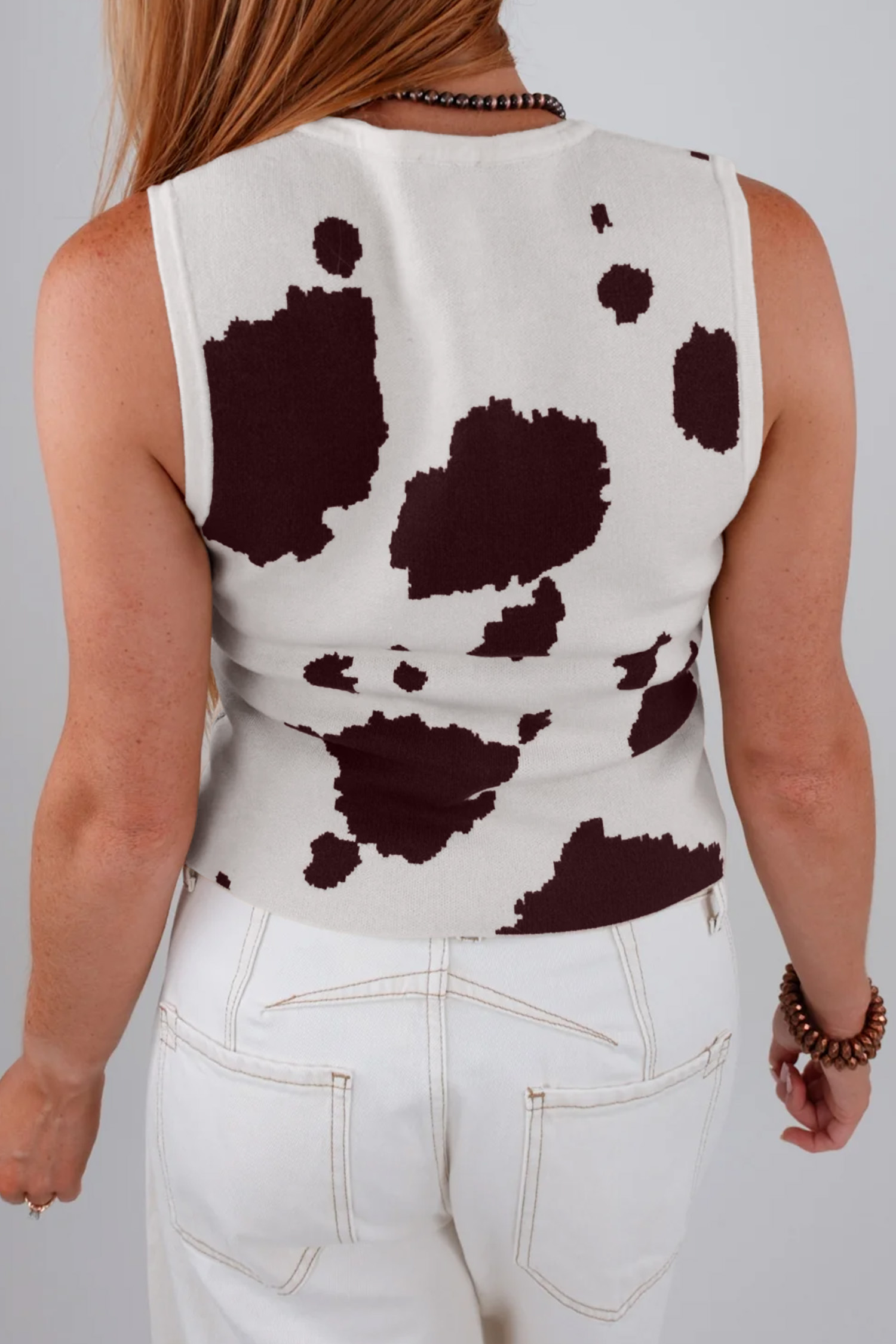 Sleeveless Western Print Knit Vest for Women – Summer Round Neck Button Down Sweater, White Cow Pattern - Detail View 5 Sleeveless Western Print Knit Vest for Women – Summer Round Neck Button Down Sweater, White Cow Pattern - Detail View 5