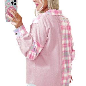 Women's Pink Brushed Plaid Corduroy Shacket with Flap Pockets - Main View
