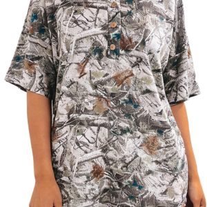 Women's Gray Abstract Woodland Henley – Short Sleeve Button Detail Shift Tunic Shirt - Main View