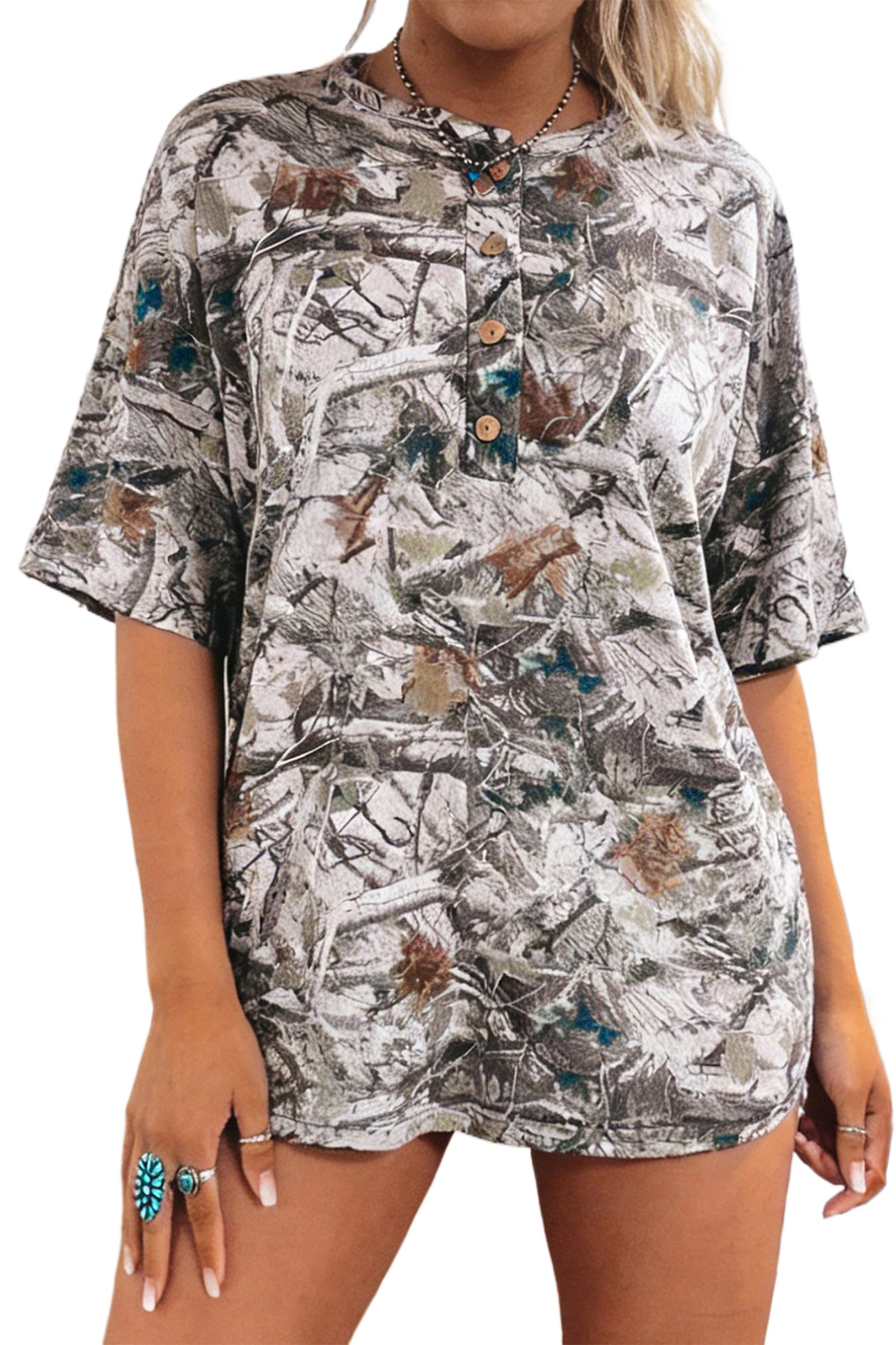 Women's Gray Abstract Woodland Henley – Short Sleeve Button Detail Shift Tunic Shirt - Main View Women's Gray Abstract Woodland Henley – Short Sleeve Button Detail Shift Tunic Shirt - Main View