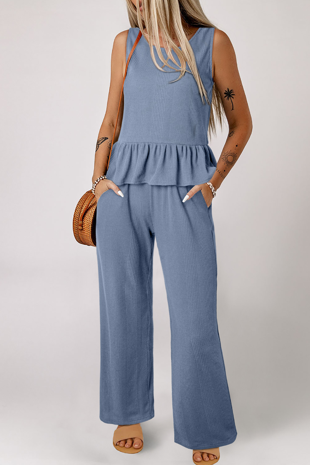 Casual Summer Loungewear Set - Ribbed Texture Tank Top and High-Waisted Pants in Beau Blue - Detail View 7 Casual Summer Loungewear Set - Ribbed Texture Tank Top and High-Waisted Pants in Beau Blue - Detail View 7