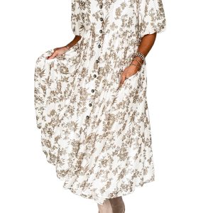 Elegant Khaki Floral Puff Sleeve V Neck Buttoned Front Maxi Dress for Women - Main View
