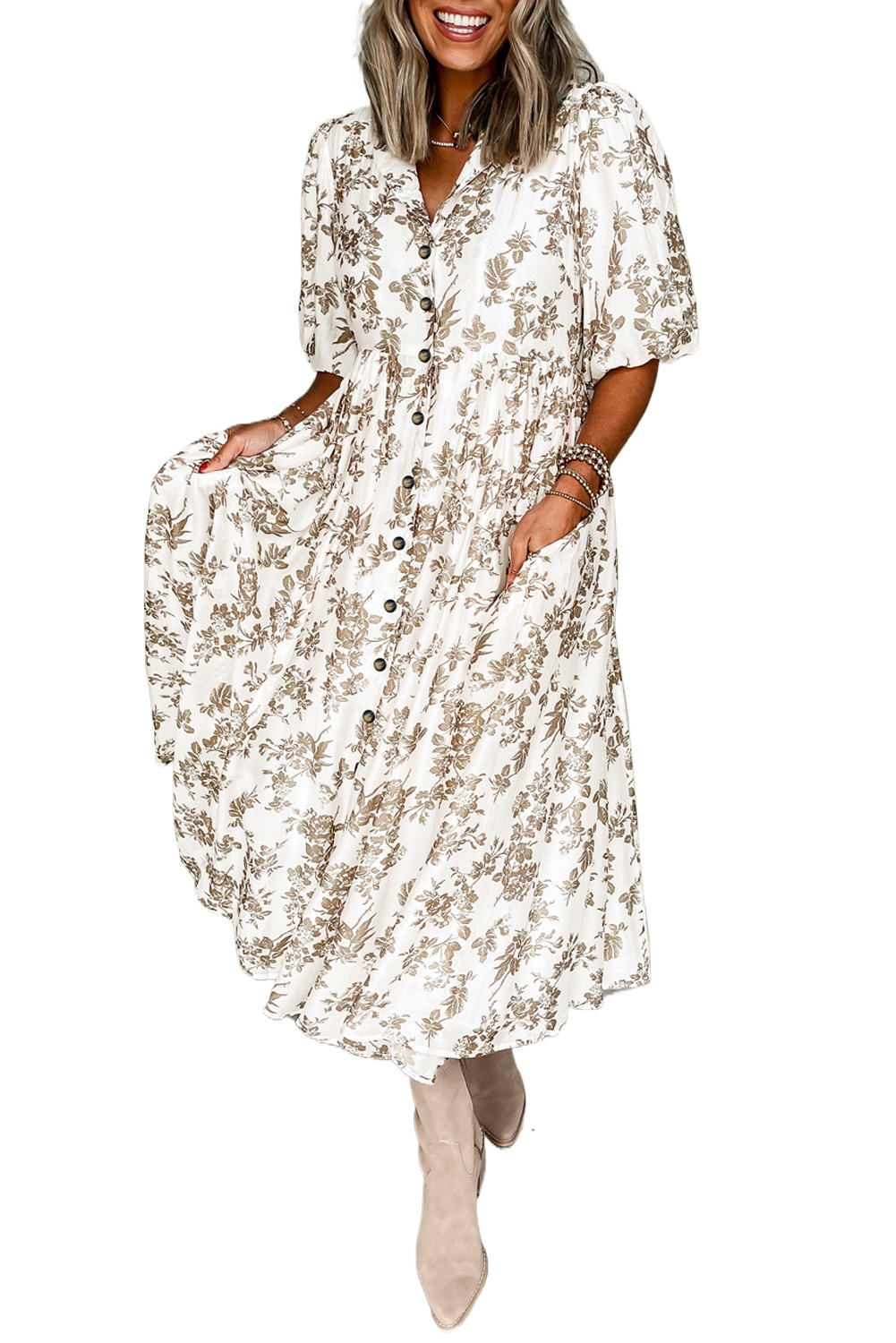 Elegant Khaki Floral Puff Sleeve V Neck Buttoned Front Maxi Dress for Women - Main View Elegant Khaki Floral Puff Sleeve V Neck Buttoned Front Maxi Dress for Women - Main View