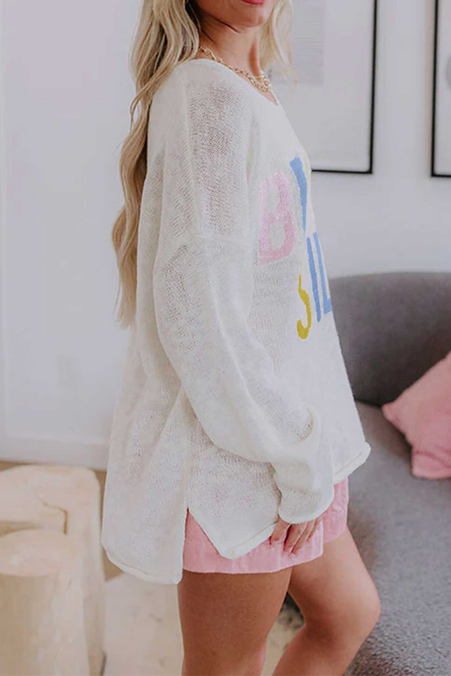 Women's 100% Cotton Tunic Sweater, V Neck Vacation Knit Top - Detail View 6 Women's 100% Cotton Tunic Sweater, V Neck Vacation Knit Top - Detail View 6