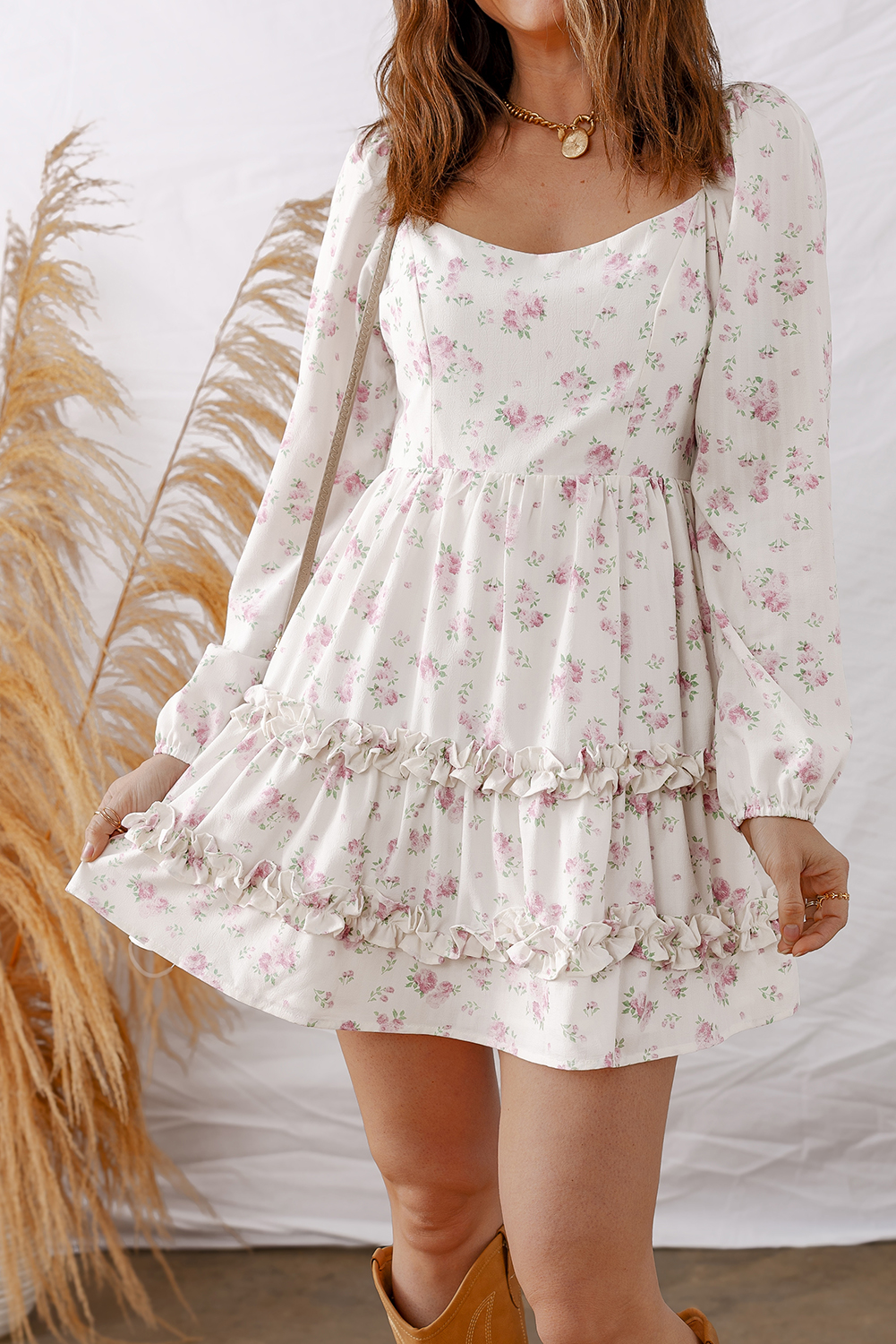 Elegant Floral Print Long Sleeve Mini Dress for Women – Ideal for Spring Events and Casual Outings - Detail View 12 Elegant Floral Print Long Sleeve Mini Dress for Women – Ideal for Spring Events and Casual Outings - Detail View 12