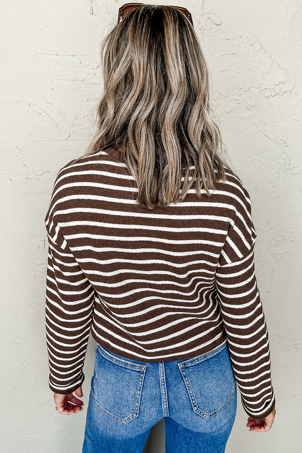 Soft and Breathable Ribbed Knit T-Shirt for Daily Wear - Brown Stripe - Detail View 3 Soft and Breathable Ribbed Knit T-Shirt for Daily Wear - Brown Stripe - Detail View 3