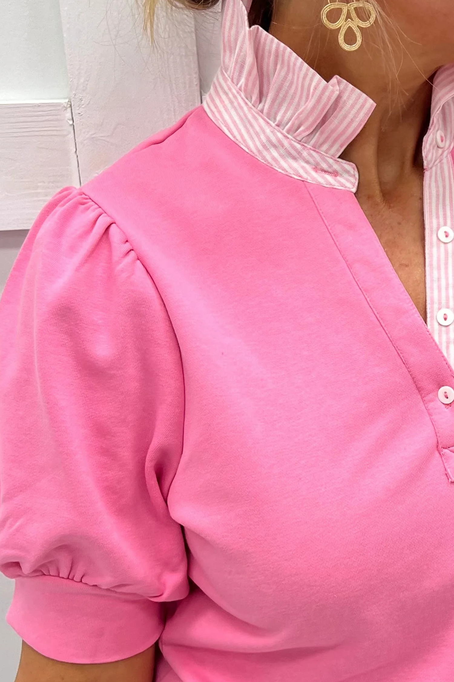 Chic Women's Stand Neck Blouse in Sachet Pink – Striped Short Sleeve Top for Office or Daily Wear - Detail View 15 Chic Women's Stand Neck Blouse in Sachet Pink – Striped Short Sleeve Top for Office or Daily Wear - Detail View 15
