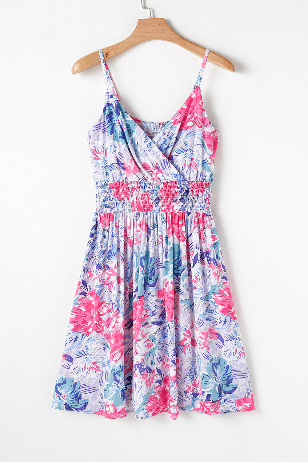 Women's Dress, Sky Blue, Floral Print, Spaghetti Strap, Surplice Neck, Shirred Waist, Mini Dress, Vacation Wear, Summer Fashion, Bohemian Style, A-Line Silhouette, Comfortable, Stylish, Casual Dress - Detail View 8 Women's Dress, Sky Blue, Floral Print, Spaghetti Strap, Surplice Neck, Shirred Waist, Mini Dress, Vacation Wear, Summer Fashion, Bohemian Style, A-Line Silhouette, Comfortable, Stylish, Casual Dress - Detail View 8