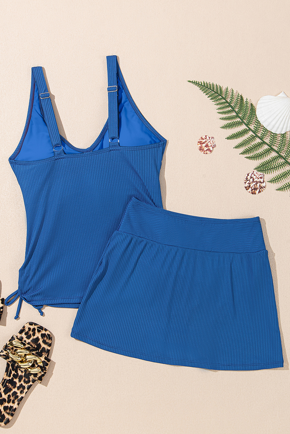 Chic Sky Blue Ribbed Knit Crossed Detail Tank Skort – Versatile Summer Swimwear for Women - Detail View 11 Chic Sky Blue Ribbed Knit Crossed Detail Tank Skort – Versatile Summer Swimwear for Women - Detail View 11