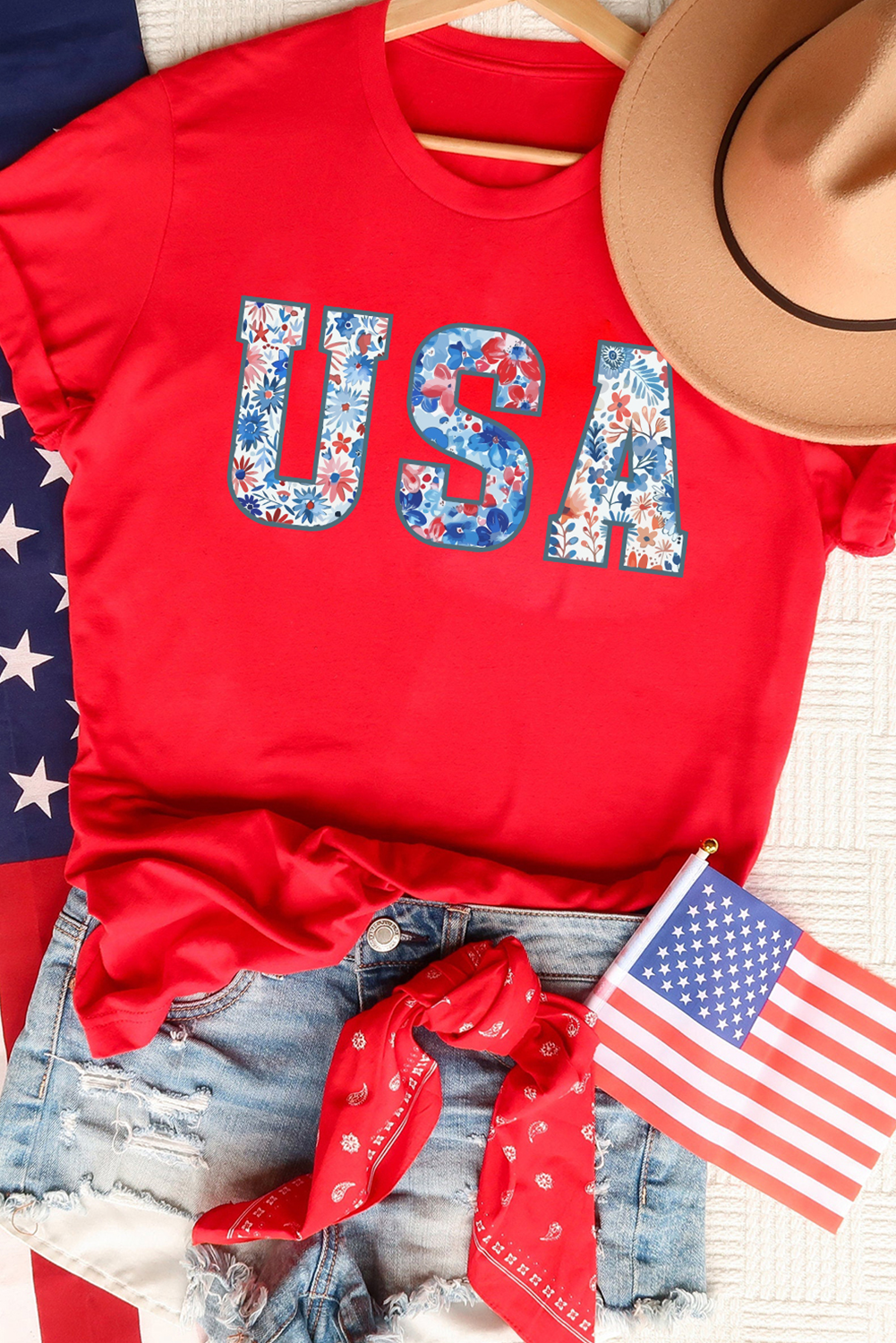 Casual Cuffed Sleeve Tee - Eye-Catching Red Floral Slogan Top - Detail View 3 Casual Cuffed Sleeve Tee - Eye-Catching Red Floral Slogan Top - Detail View 3