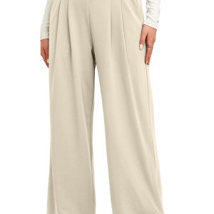 Women's Casual Beige Wide Leg Pants – Elastic Waist with Textured Design for Everyday Comfort - Main View