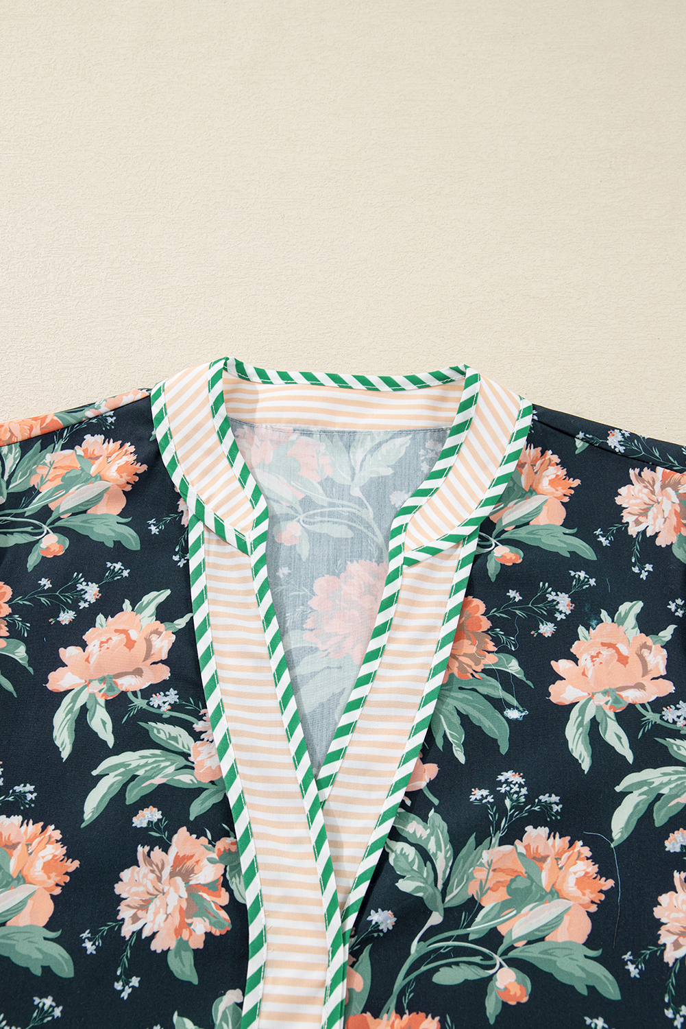 Vacation-Ready Women's Striped Trim Long Sleeve Floral Mini Dress - Detail View 11 Vacation-Ready Women's Striped Trim Long Sleeve Floral Mini Dress - Detail View 11