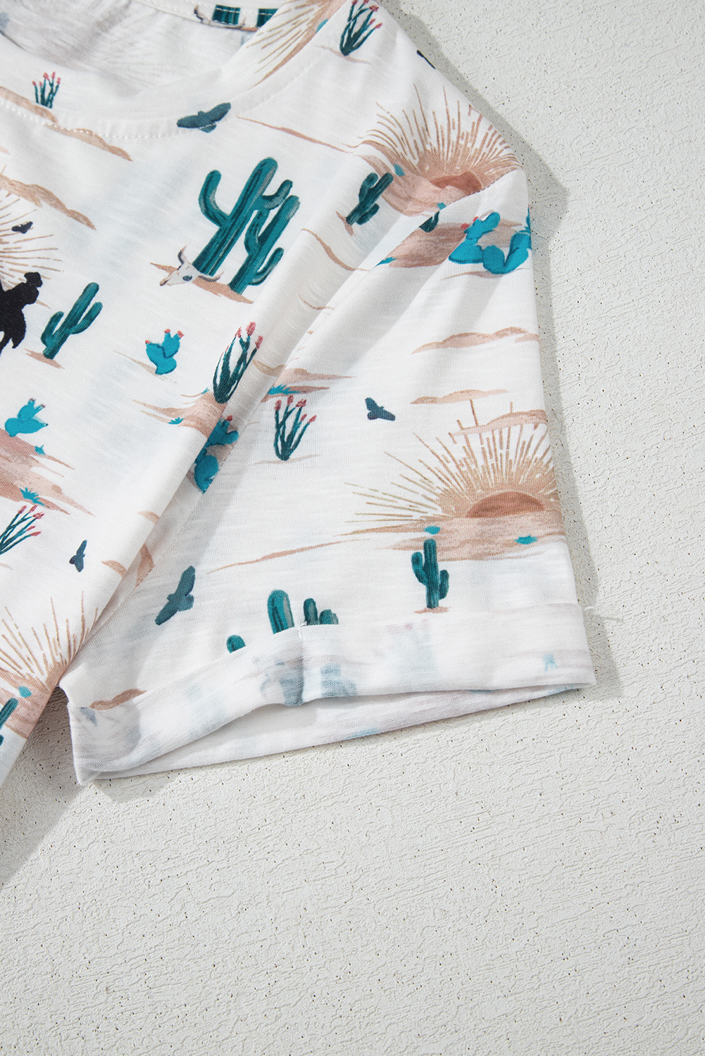 Comfortable Slim Fit Beige Top - Crew Neck, Short Sleeve, and Fun Western Print - Detail View 11 Comfortable Slim Fit Beige Top - Crew Neck, Short Sleeve, and Fun Western Print - Detail View 11