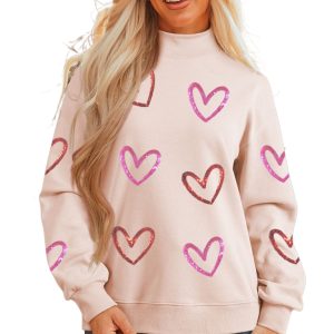 Women's Apricot Pink Sequin Heart Mock Neck Sweatshirt – Casual Style for Daily Wear - Main View