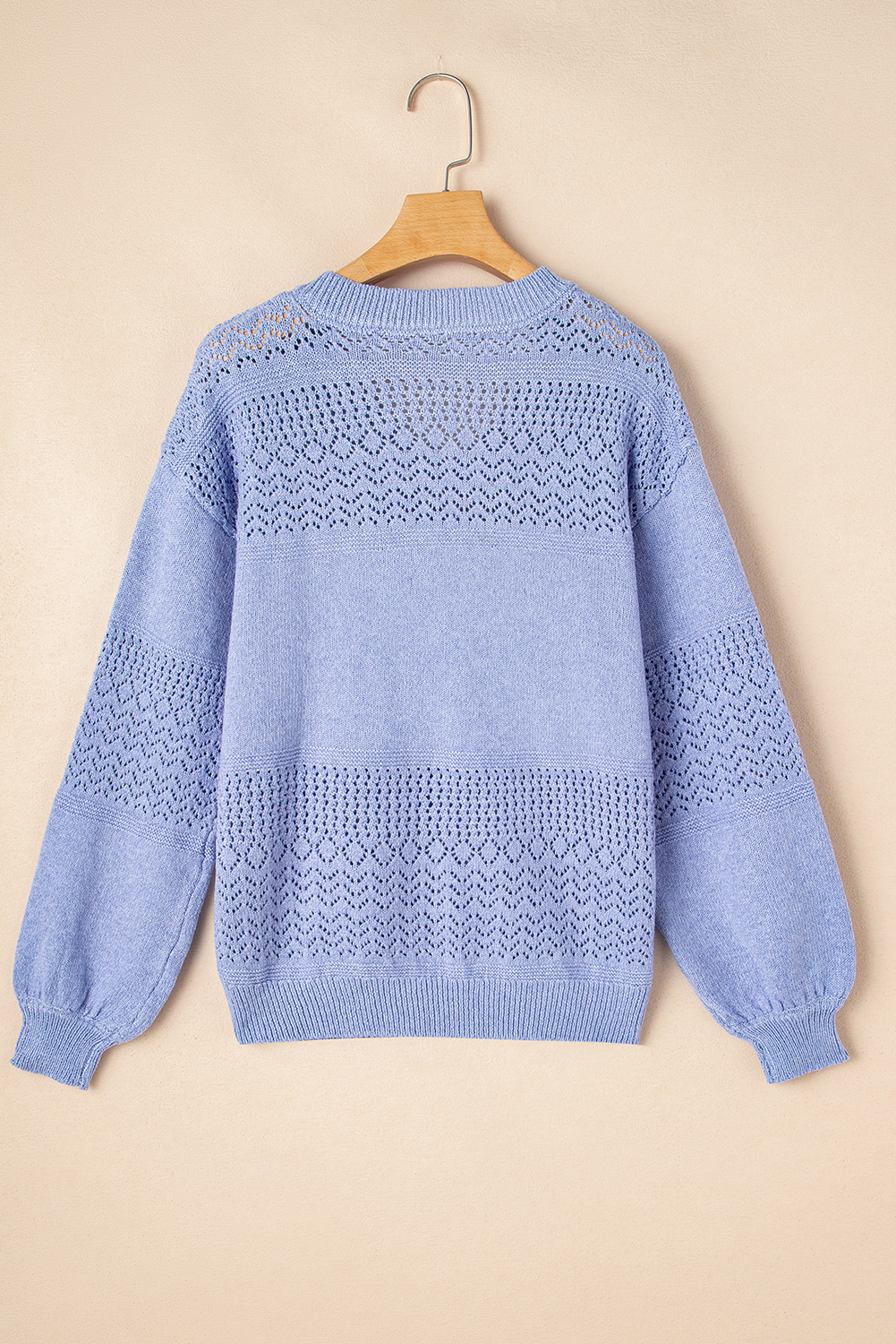Women's Sky Blue V Neck Drop Shoulder Sweater with Eyelet Pattern Detail - Detail View 9 Women's Sky Blue V Neck Drop Shoulder Sweater with Eyelet Pattern Detail - Detail View 9