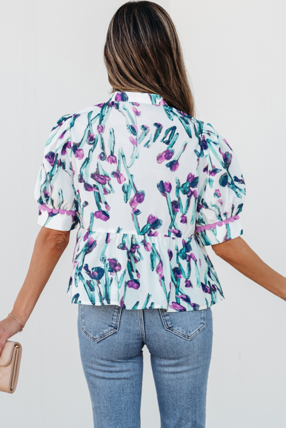 Charming V Neck Floral Blouse - Half Sleeve Peplum Top for Daily Wear - Detail View 2 Charming V Neck Floral Blouse - Half Sleeve Peplum Top for Daily Wear - Detail View 2