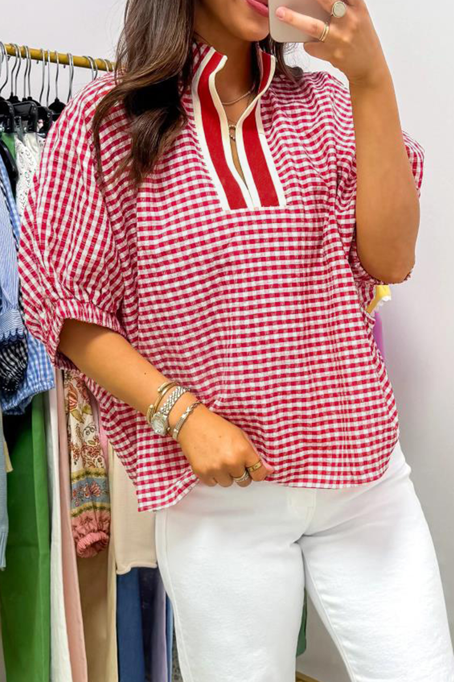 Women's Summer Plaid Blouse with Colorblock Trim – Short Sleeve Shift Top for Casual Outings - Detail View 2 Women's Summer Plaid Blouse with Colorblock Trim – Short Sleeve Shift Top for Casual Outings - Detail View 2