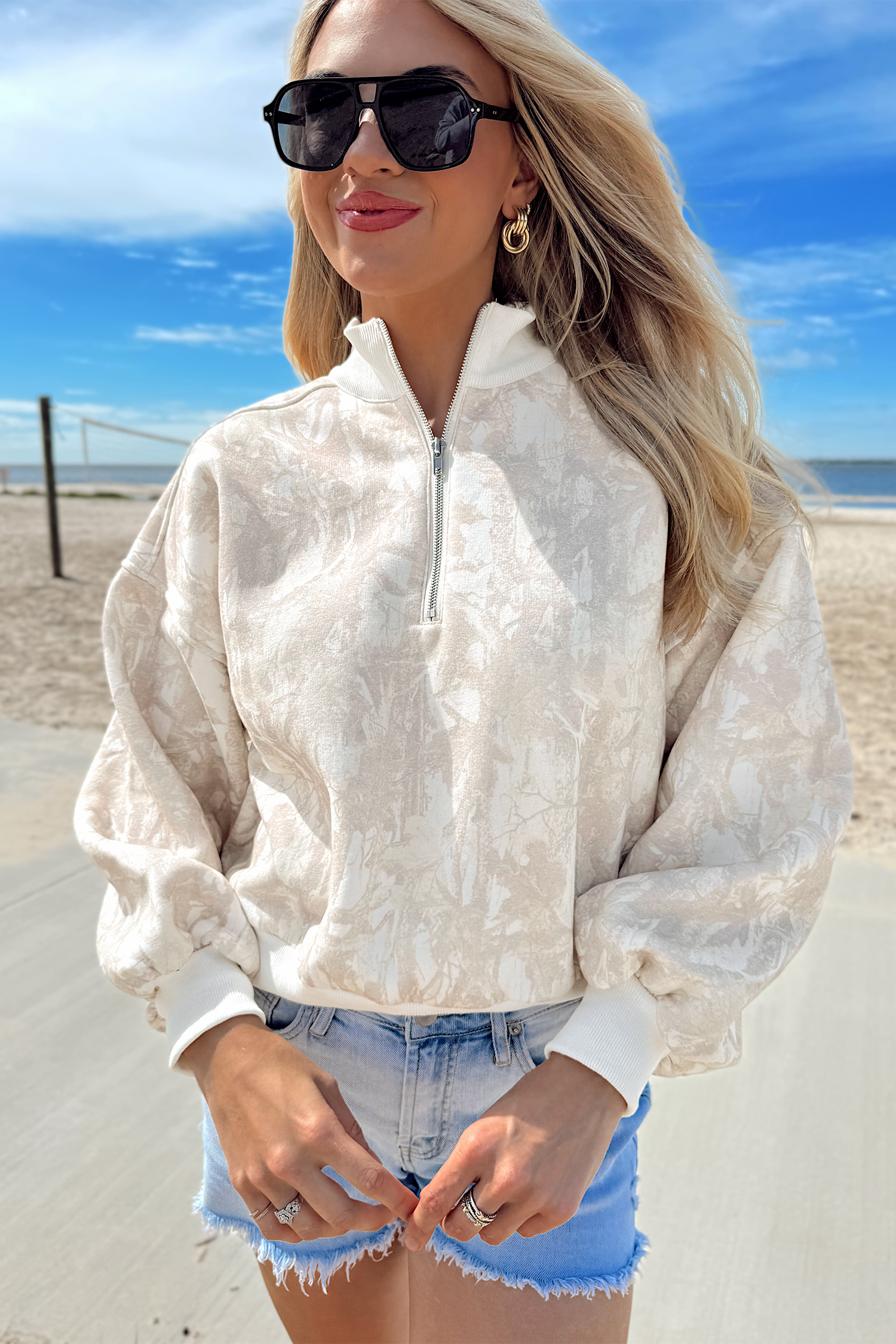 Women's Khaki Camo Sweatshirt, Casual Quarter Zip Pullover - Detail View 7 Women's Khaki Camo Sweatshirt, Casual Quarter Zip Pullover - Detail View 7