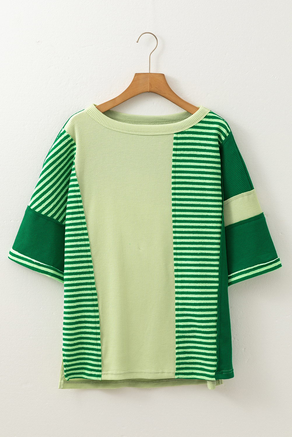 Women's Knit Top, Mint Green, Patchwork, Colorblock, 3/4 Sleeve, Casual Style, Daily Wear, Vibrant Colors, Trendy Fashion, Comfortable Fit, Half Sleeve, Round Neck, Waffle Knit, Stylish Top - Detail View 4 Women's Knit Top, Mint Green, Patchwork, Colorblock, 3/4 Sleeve, Casual Style, Daily Wear, Vibrant Colors, Trendy Fashion, Comfortable Fit, Half Sleeve, Round Neck, Waffle Knit, Stylish Top - Detail View 4