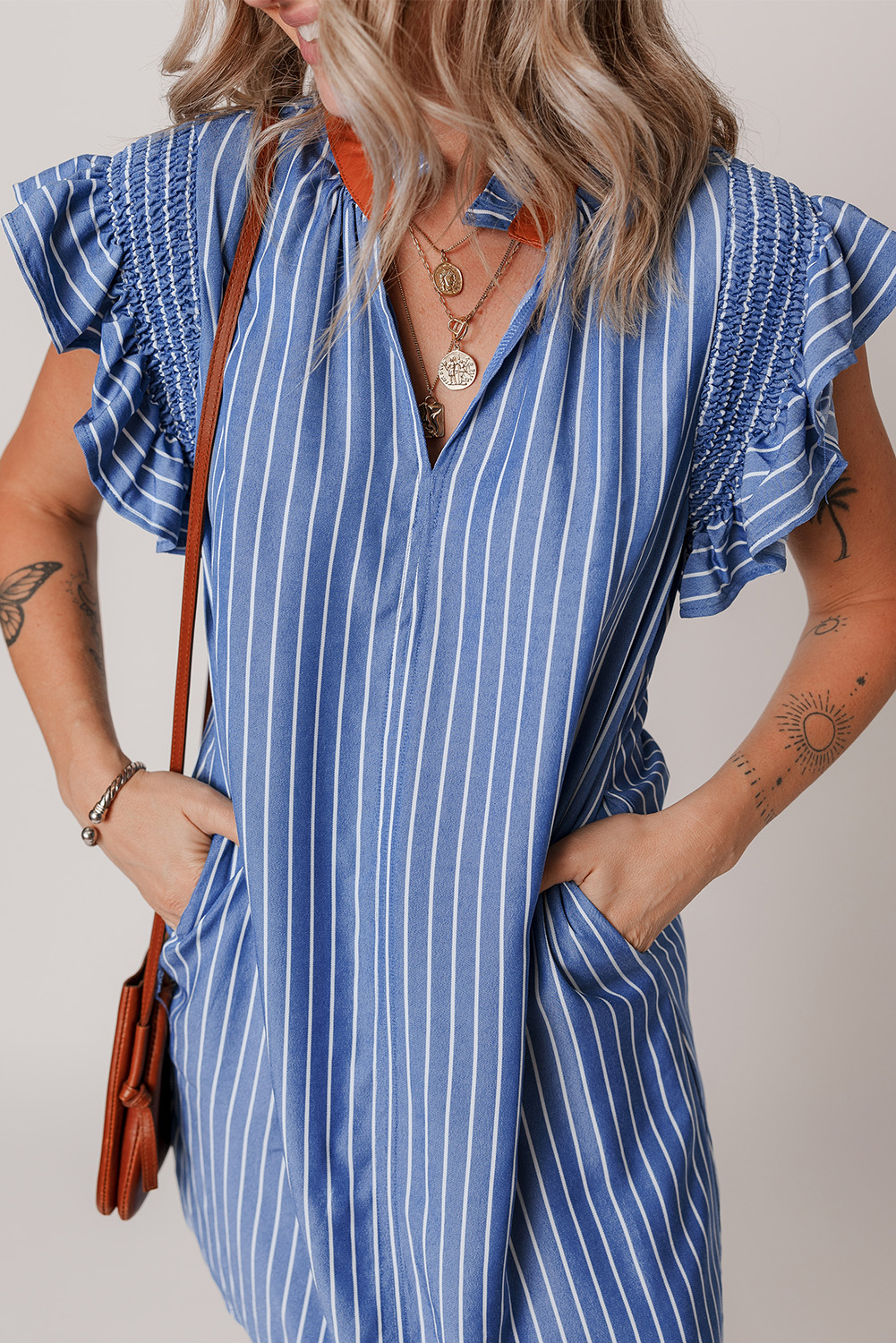 Playful Sky Blue Striped Short Dress with Ruffled Sleeves and Faux Leather Neck Trim - Detail View 6 Playful Sky Blue Striped Short Dress with Ruffled Sleeves and Faux Leather Neck Trim - Detail View 6