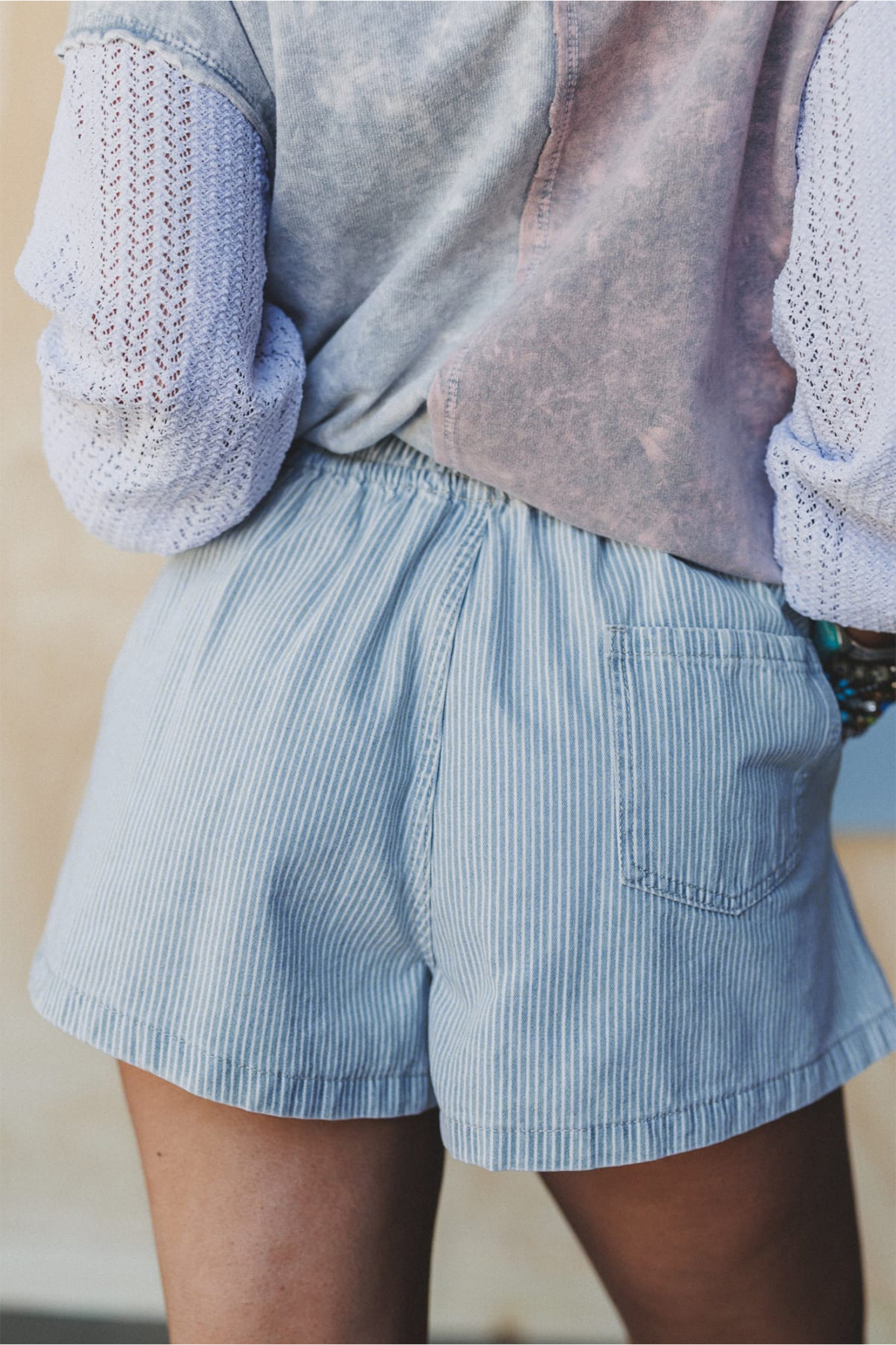 Casual Denim Shorts for Women – Sky Blue Stripe Drawstring Style for Daily Comfort - Detail View 2 Casual Denim Shorts for Women – Sky Blue Stripe Drawstring Style for Daily Comfort - Detail View 2