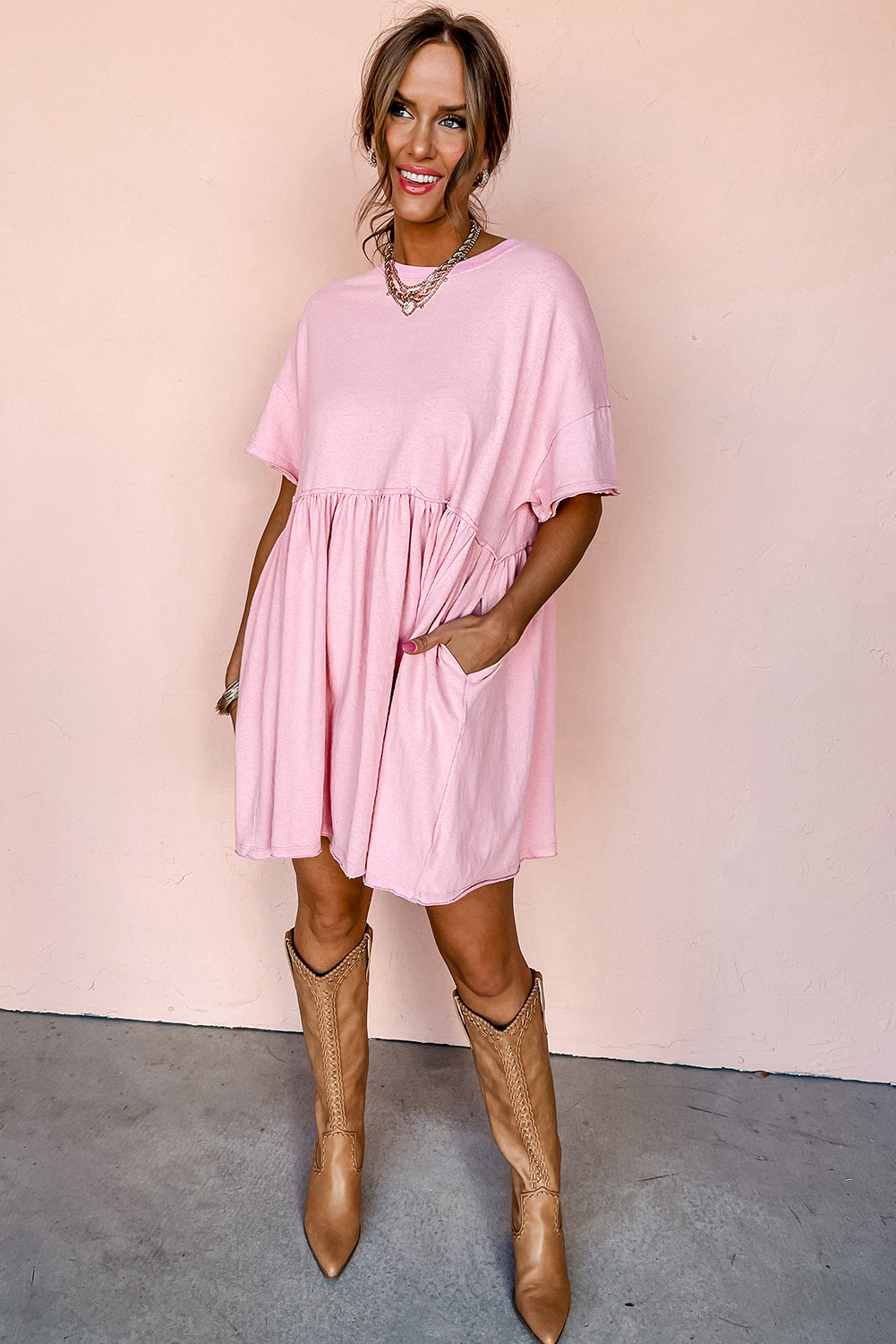 Trendy Light Pink Babydoll Dress with Side Pockets and Raw Edge Detail - Detail View 6 Trendy Light Pink Babydoll Dress with Side Pockets and Raw Edge Detail - Detail View 6
