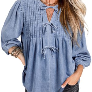 Chic Myosotis Denim Bow Tie Puff Sleeve Top with Pintuck Details - Main View