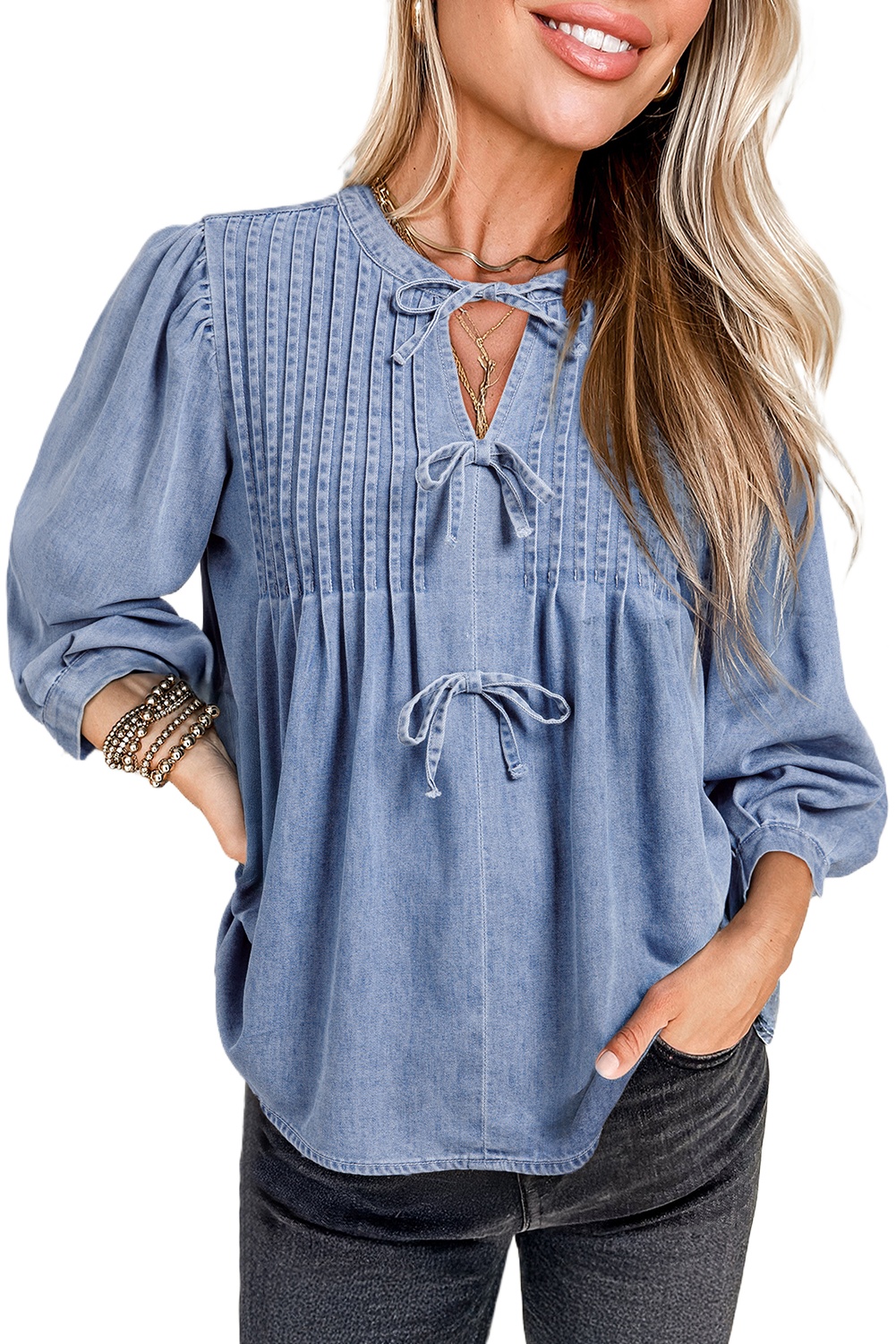 Chic Myosotis Denim Bow Tie Puff Sleeve Top with Pintuck Details - Main View Chic Myosotis Denim Bow Tie Puff Sleeve Top with Pintuck Details - Main View
