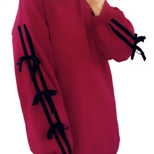 Women's Racing Red Striped Sweatshirt Dress with Bow and Pockets - Main View