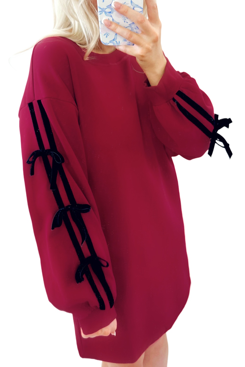 Women's Racing Red Striped Sweatshirt Dress with Bow and Pockets - Main View Women's Racing Red Striped Sweatshirt Dress with Bow and Pockets - Main View