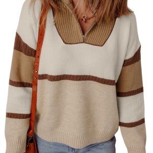 Women's Parchment Colorblock Collared Pullover Sweater – Casual Daily Wear - Main View