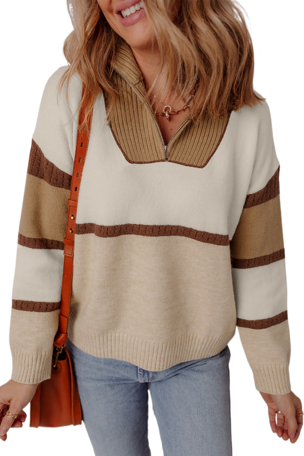 Women's Parchment Colorblock Collared Pullover Sweater – Casual Daily Wear - Main View Women's Parchment Colorblock Collared Pullover Sweater – Casual Daily Wear - Main View