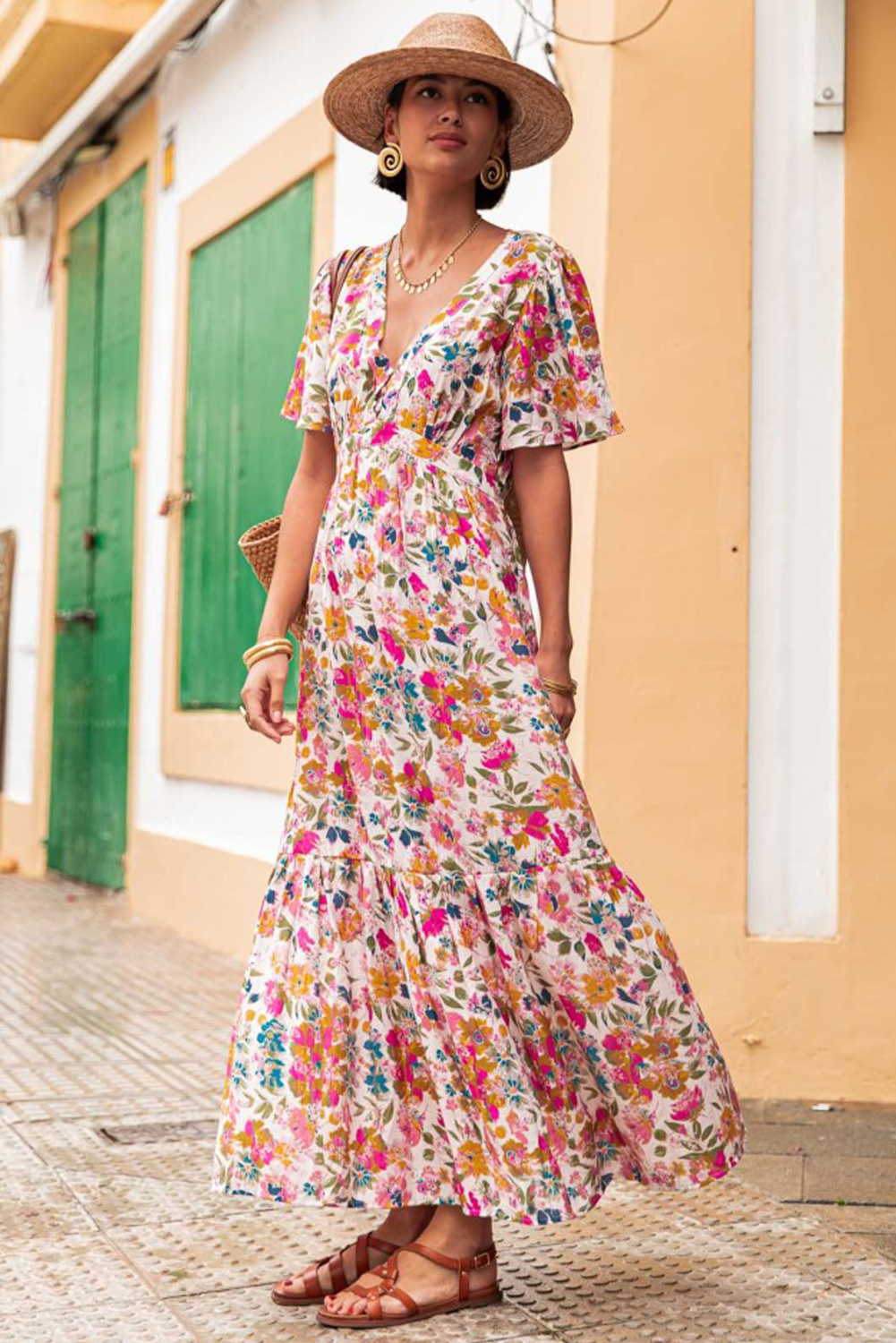 Women's Red Floral Short Sleeve V Neck High Waist Maxi Dress - Elegant and Flattering - Detail View 13 Women's Red Floral Short Sleeve V Neck High Waist Maxi Dress - Elegant and Flattering - Detail View 13
