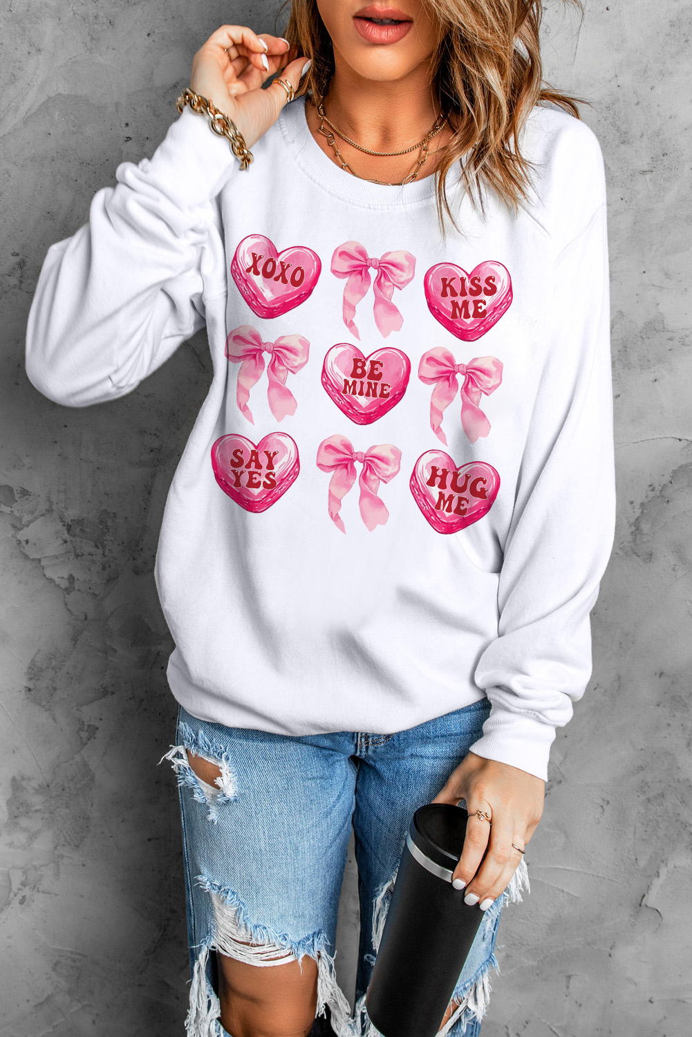 Cozy Long Sleeve White Sweatshirt Featuring Playful Love-Themed Icons for Daily Wear - Detail View 7 Cozy Long Sleeve White Sweatshirt Featuring Playful Love-Themed Icons for Daily Wear - Detail View 7