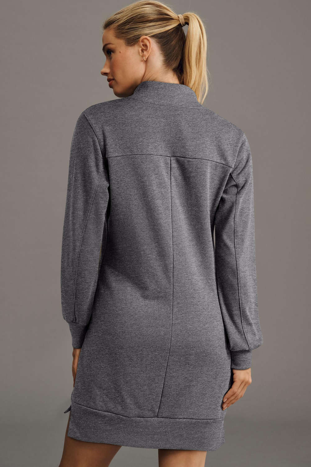 Women's Short Sheath Sweatshirt Dress – Dark Grey Collared Style for Autumn Outings - Detail View 12 Women's Short Sheath Sweatshirt Dress – Dark Grey Collared Style for Autumn Outings - Detail View 12