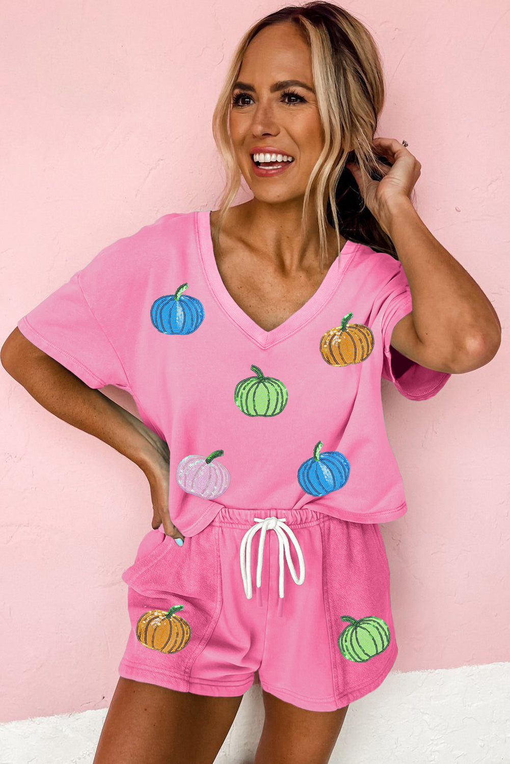 Women's Bonbon Sequin Halloween Pumpkin Pattern V Neck Tee and Drawstring Bottoms Casual Short Set - Detail View 5 Women's Bonbon Sequin Halloween Pumpkin Pattern V Neck Tee and Drawstring Bottoms Casual Short Set - Detail View 5