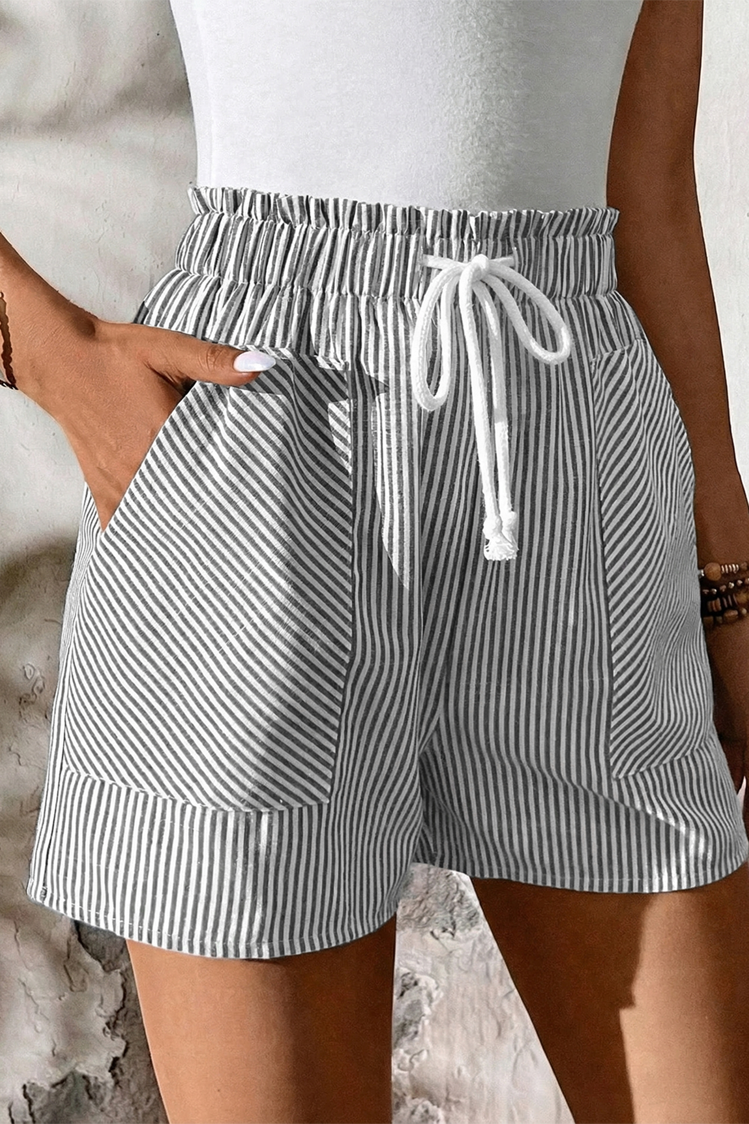 Casual Striped Shorts for Women – High Waist Elastic Waistband with Drawstring and Side Pockets - Detail View 5 Casual Striped Shorts for Women – High Waist Elastic Waistband with Drawstring and Side Pockets - Detail View 5