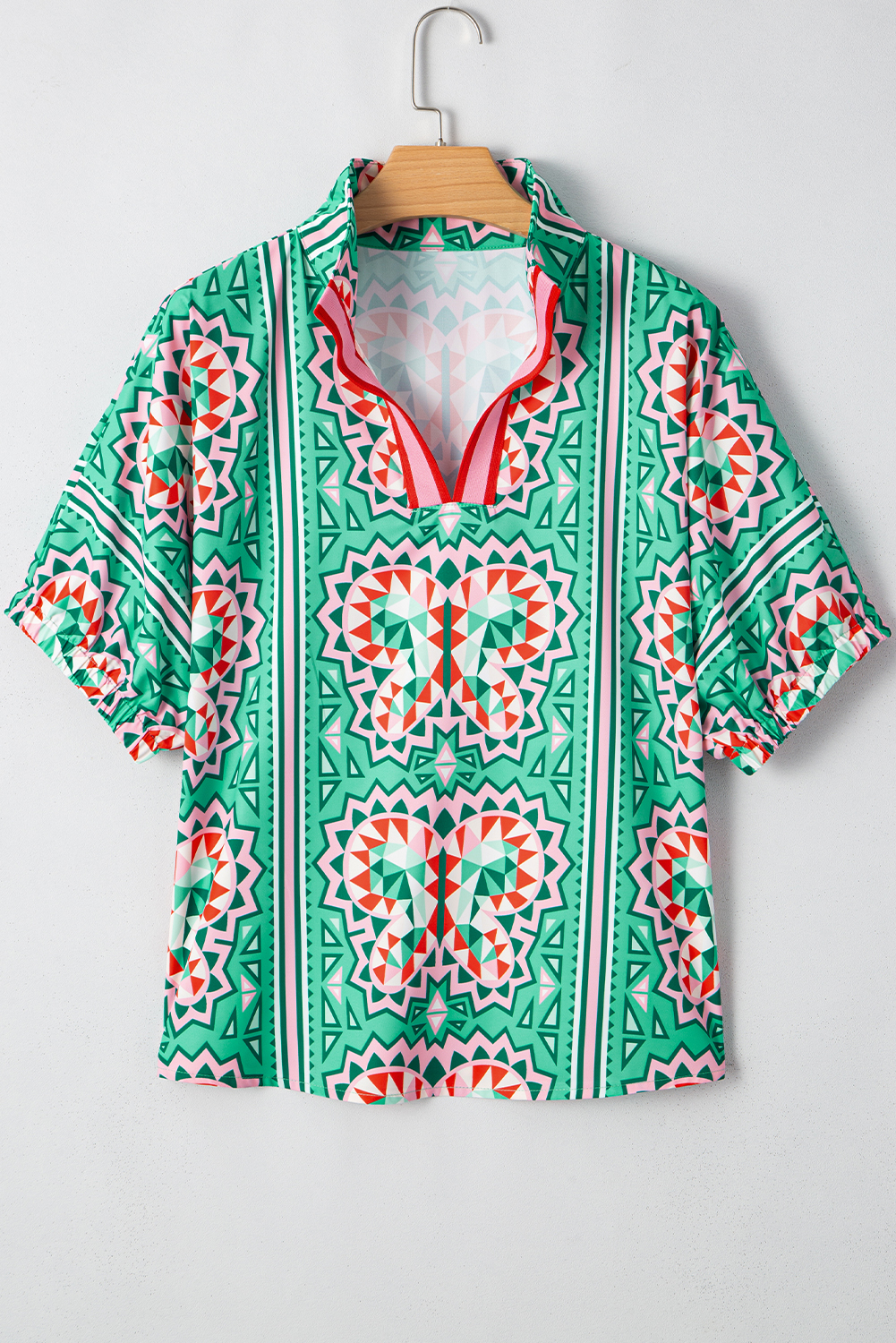 Women's Blouse, Sea Green, Abstract Print, Contrast Striped, V Neck, Half Sleeve, Bohemian Style, Lightweight, Comfortable, Daily Wear, Unique Design, Summer Fashion, Tops & Shirts - Detail View 4 Women's Blouse, Sea Green, Abstract Print, Contrast Striped, V Neck, Half Sleeve, Bohemian Style, Lightweight, Comfortable, Daily Wear, Unique Design, Summer Fashion, Tops & Shirts - Detail View 4