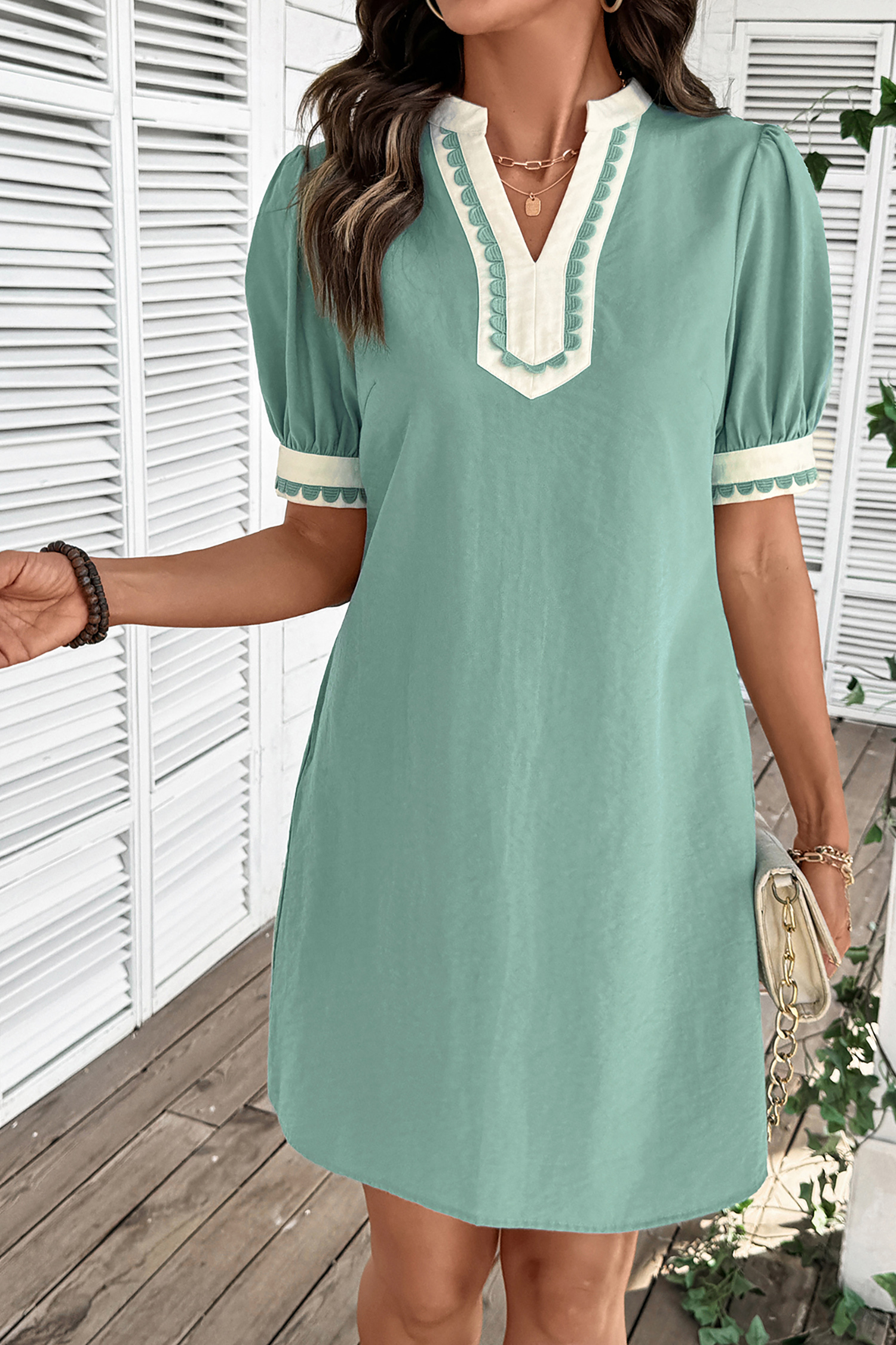 Chic Color Block Mini Dress for Women – Short Sleeve H-Line Shift Dress with Pockets, Summer Fashion Gift - Detail View 6 Chic Color Block Mini Dress for Women – Short Sleeve H-Line Shift Dress with Pockets, Summer Fashion Gift - Detail View 6