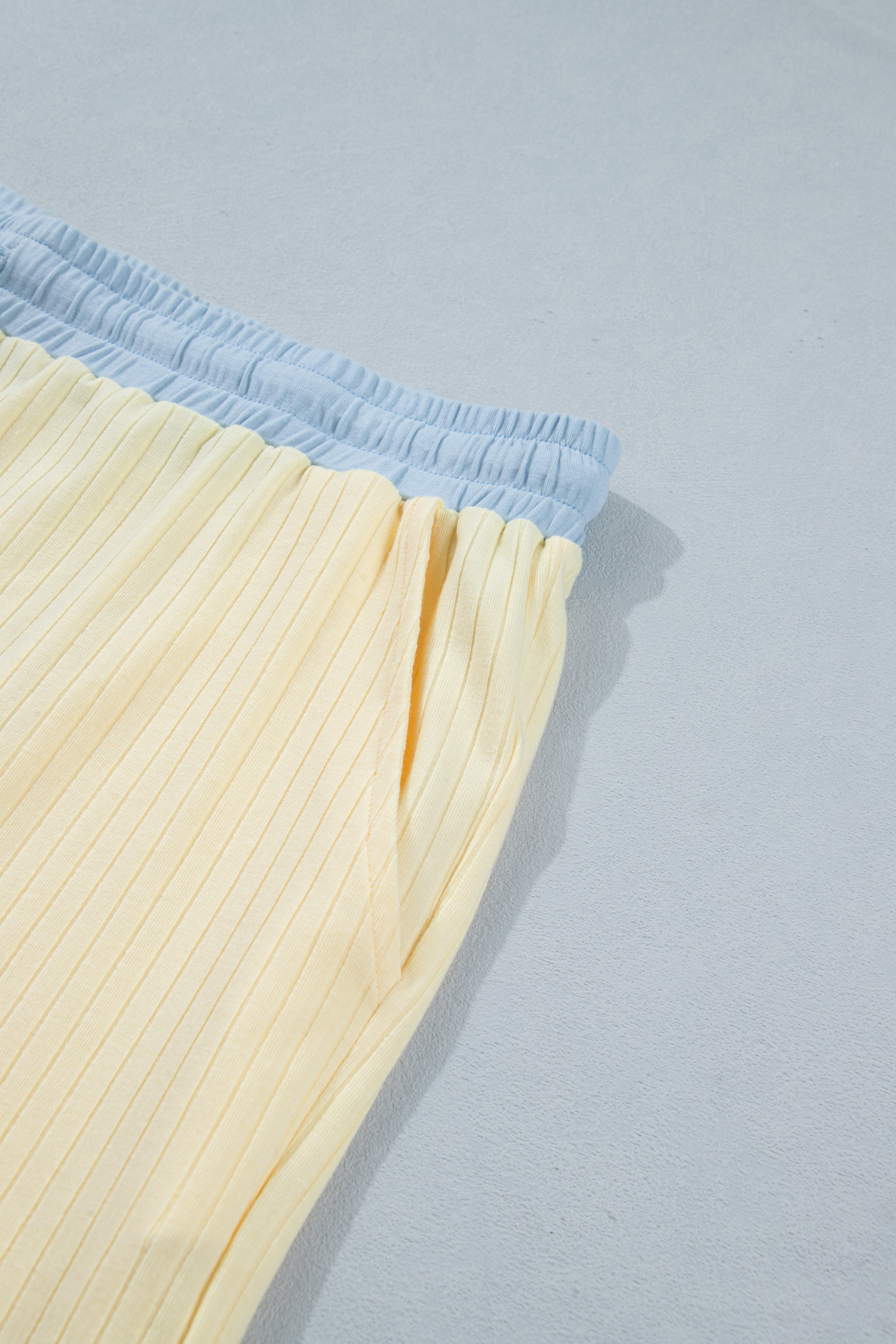 Women's Plus Size Ribbed Shorts Set – Yellow Cream Color Block 2 Piece Outfit for Summer Daily Wear - Detail View 7 Women's Plus Size Ribbed Shorts Set – Yellow Cream Color Block 2 Piece Outfit for Summer Daily Wear - Detail View 7