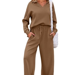 Women's Coffee Solid Color V-Neck Top and High-Waist Pants Set for Daily Wear - Main View