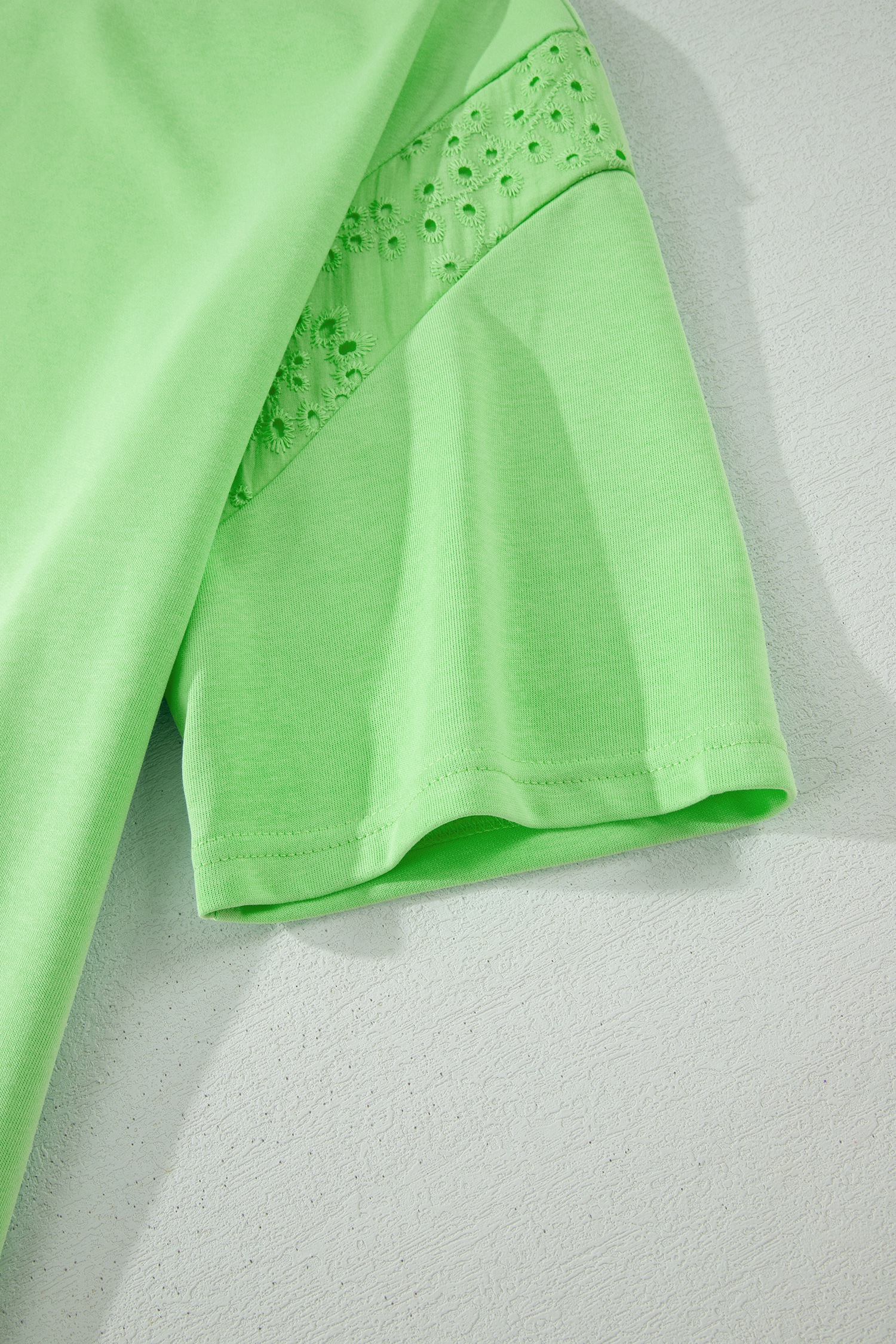 Women's Light Green Two Piece Set – Half Sleeve Lace Patchwork Top and Wide Leg Pants - Detail View 7 Women's Light Green Two Piece Set – Half Sleeve Lace Patchwork Top and Wide Leg Pants - Detail View 7