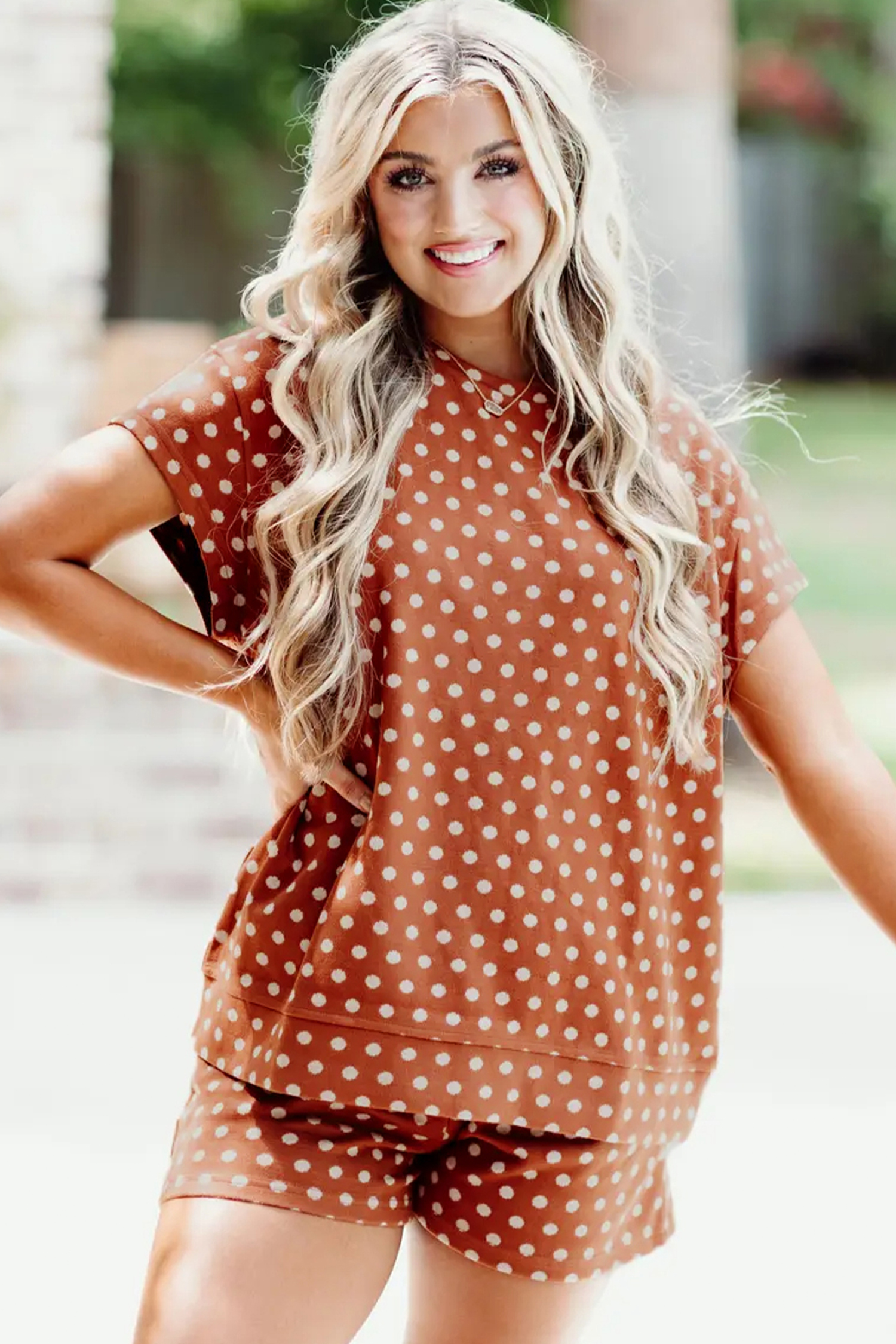 Chic Brown Polka Dot Short Set for Women – Effortless Style for Warm Days - Detail View 5 Chic Brown Polka Dot Short Set for Women – Effortless Style for Warm Days - Detail View 5
