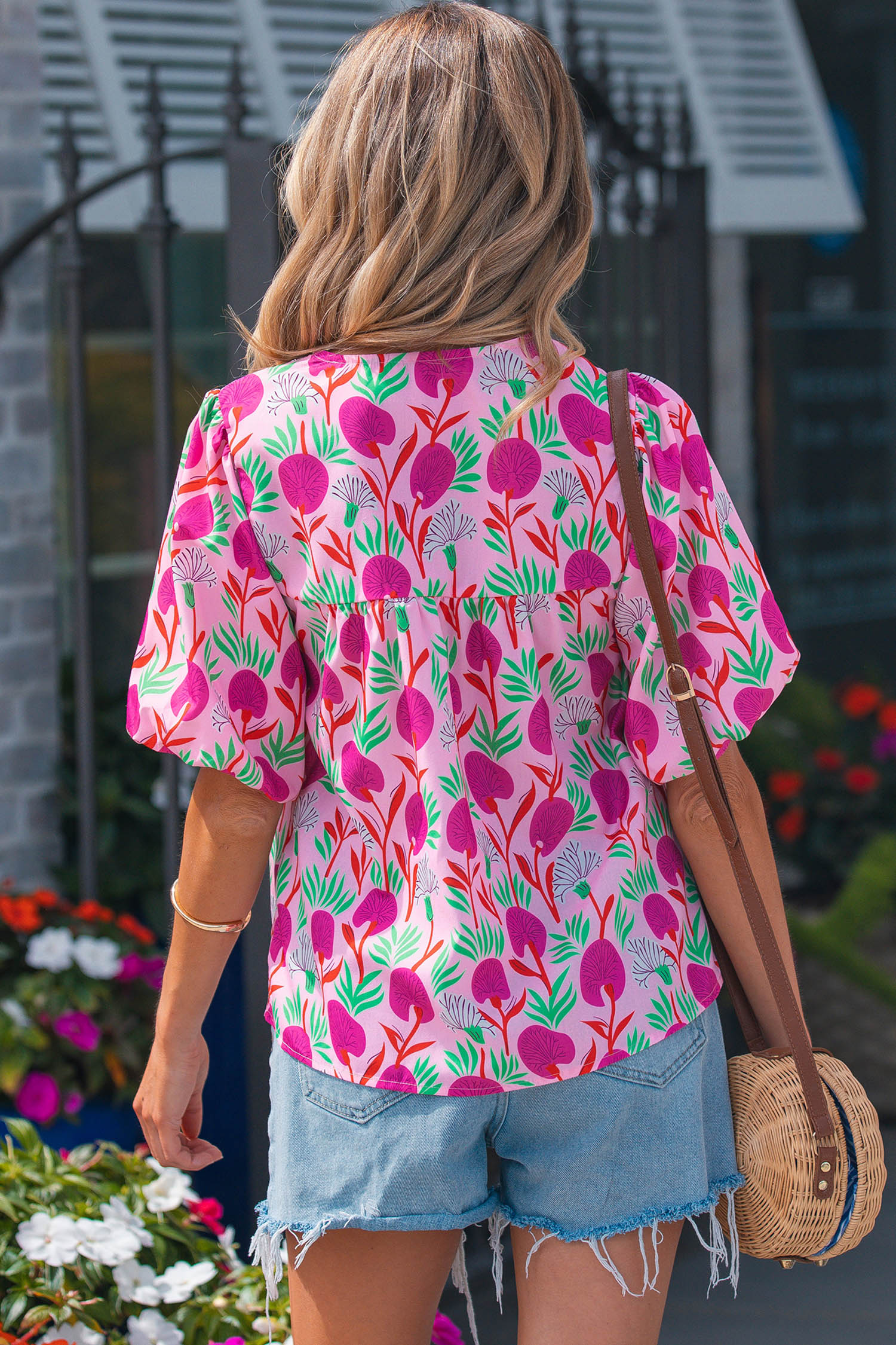 Boho Women's Short Sleeve Floral Blouse – Casual V Neck Patchwork Summer Top for Vacation - Detail View 2 Boho Women's Short Sleeve Floral Blouse – Casual V Neck Patchwork Summer Top for Vacation - Detail View 2