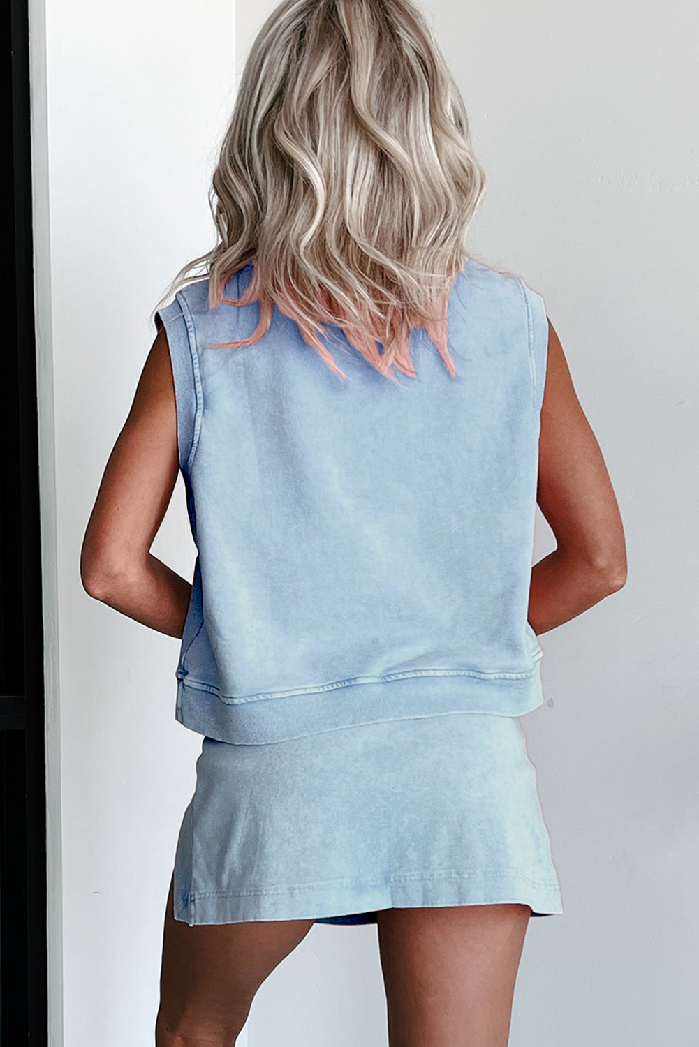 Fashionable Myosotis Blue Mineral Wash Two Piece Dress Set for Daily Wear & Holidays - Detail View 3 Fashionable Myosotis Blue Mineral Wash Two Piece Dress Set for Daily Wear & Holidays - Detail View 3