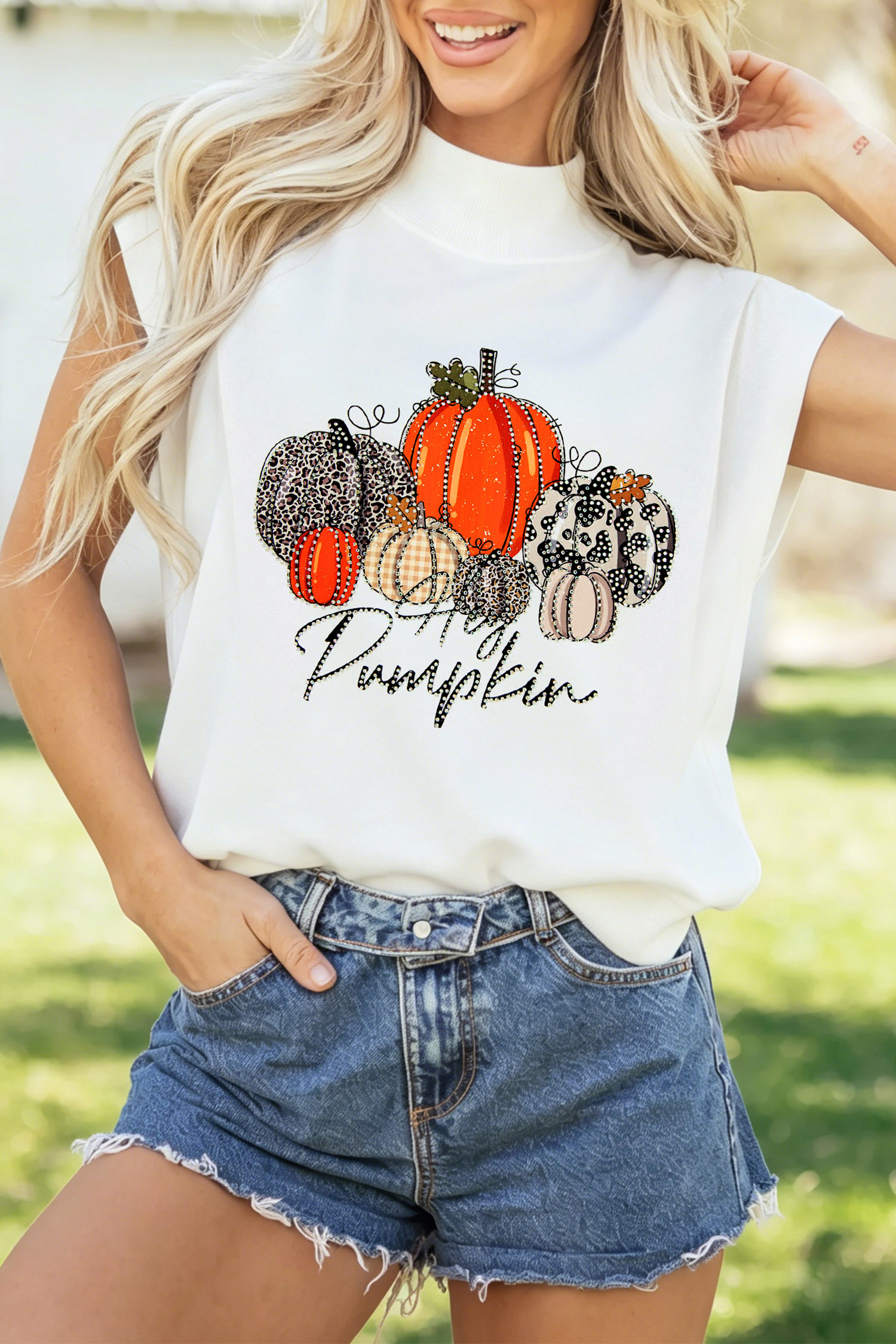 Women's Rhinestone Pumpkin High Neck Tee, Fall Graphic - Detail View 2 Women's Rhinestone Pumpkin High Neck Tee, Fall Graphic - Detail View 2