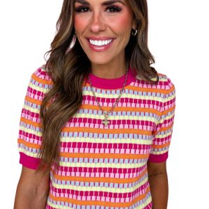 Women's Rose Red Abstract Striped Knit Sweater – Short Sleeve Round Neck Summer Top - Main View