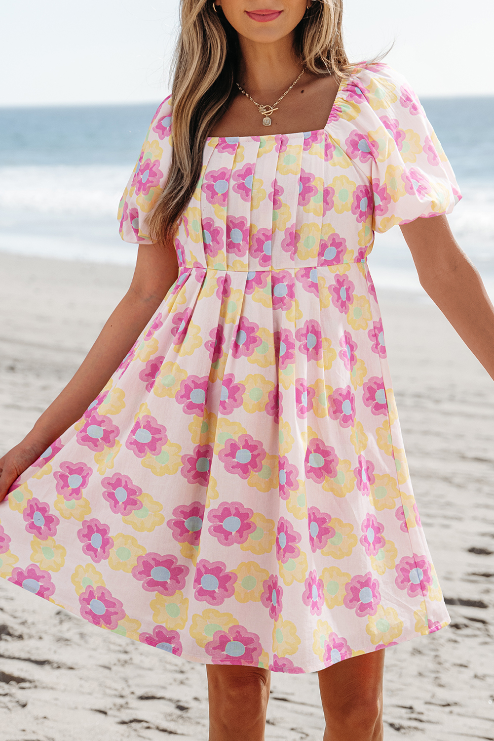 Elegant Rose Floral Midi Dress with Square Neck and Puff Sleeves - Perfect for Outdoor and Vacation - Detail View 10 Elegant Rose Floral Midi Dress with Square Neck and Puff Sleeves - Perfect for Outdoor and Vacation - Detail View 10