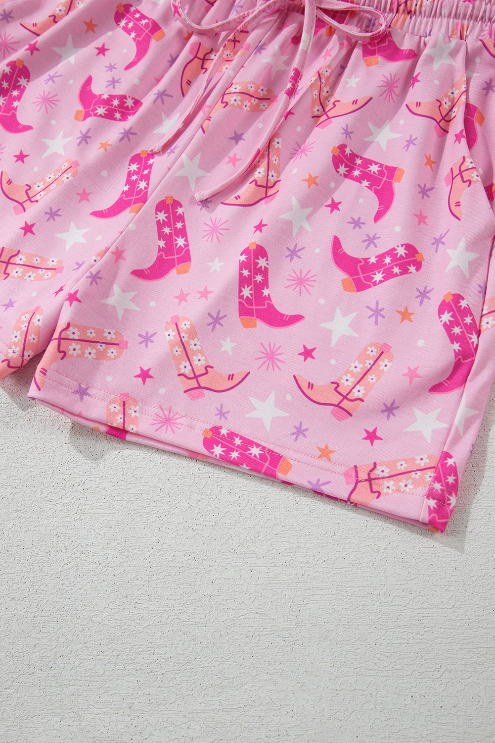 Women's Lounge Set, Pink Western Boots Print, Two Piece Outfit, Summer Loungewear, Relaxed Fit, Breathable Fabric, Casual Home Wear, High Waist Shorts, Sleeveless Top, Vacation Style, Trendy Decor, Comfortable Sleepwear, Western Style - Detail View 12 Women's Lounge Set, Pink Western Boots Print, Two Piece Outfit, Summer Loungewear, Relaxed Fit, Breathable Fabric, Casual Home Wear, High Waist Shorts, Sleeveless Top, Vacation Style, Trendy Decor, Comfortable Sleepwear, Western Style - Detail View 12